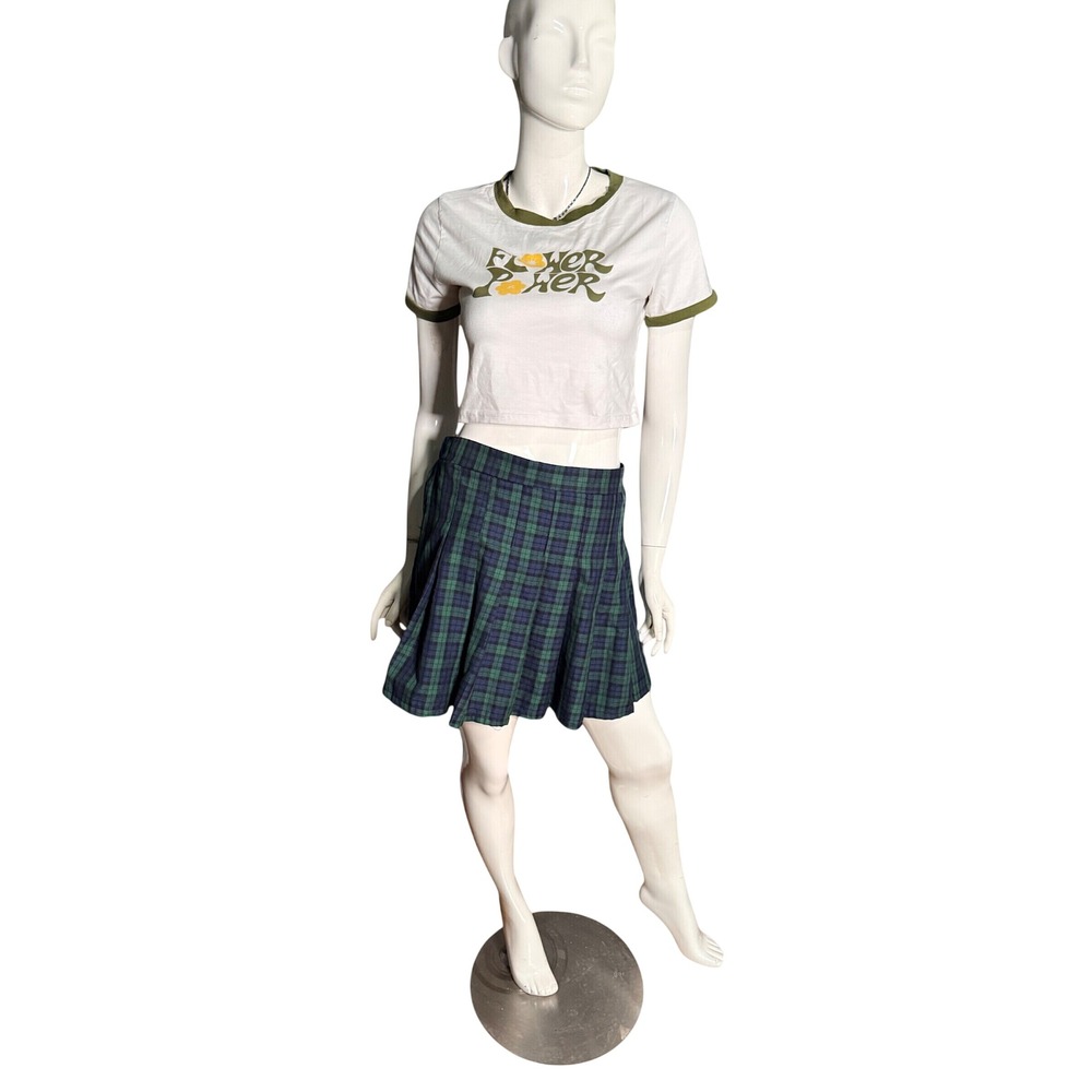 Streetwear Society Green Navy Blue Plaid Pleated Mini Skirt Womens Sz L academia